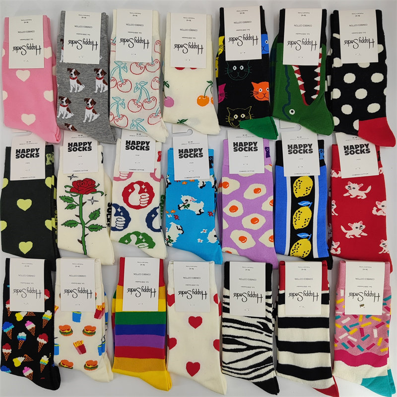 HappySocks袜子女格子爱心情侣袜多巴胺彩色潮袜中长筒无骨棉袜子