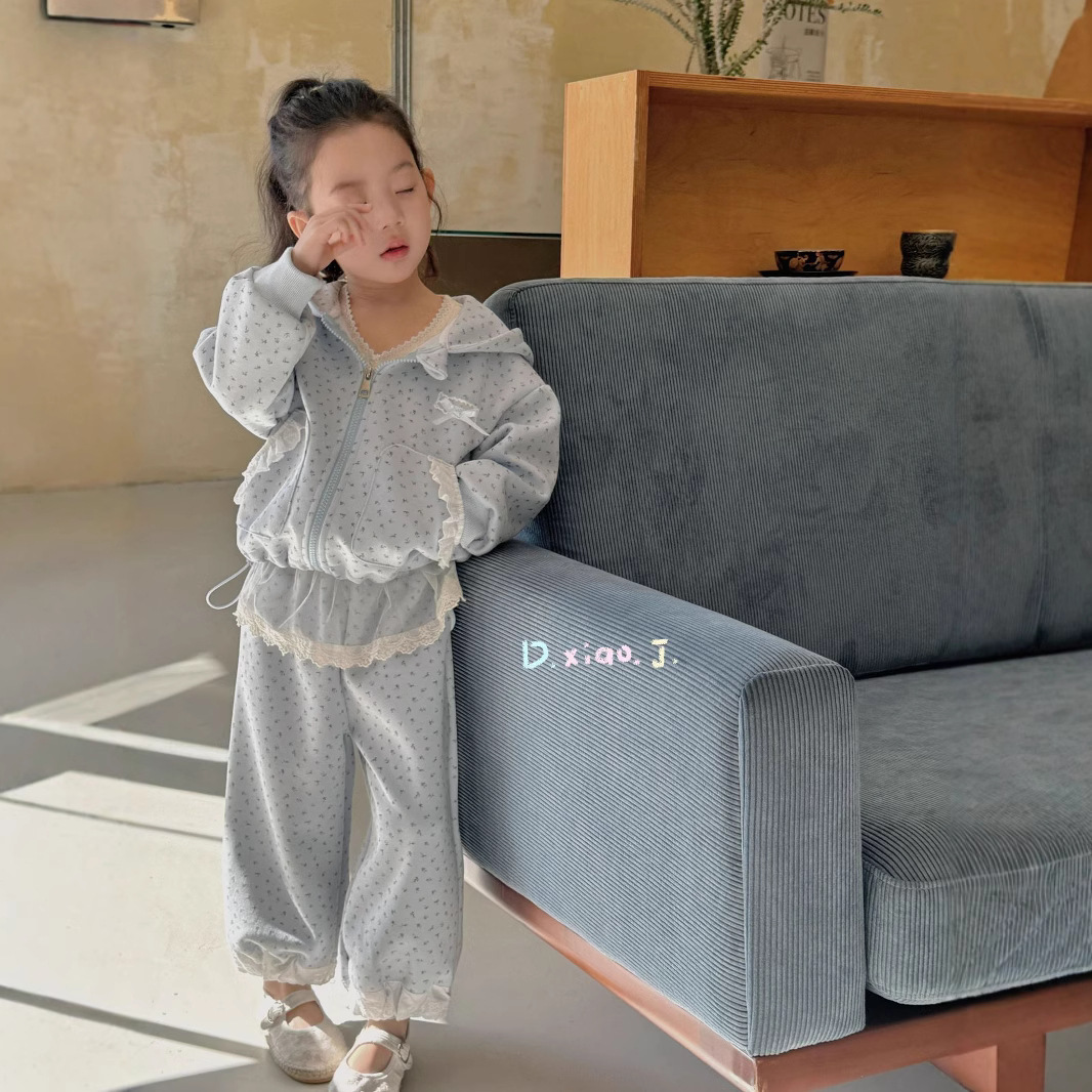 大小卷2025儿童卫衣套装春秋季女童碎花运动套装连帽卫衣长裤套装