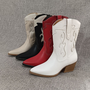 F4300显瘦款 外贸尖头粗跟中筒靴皮靴大码 靴马靴 时装 女靴女鞋