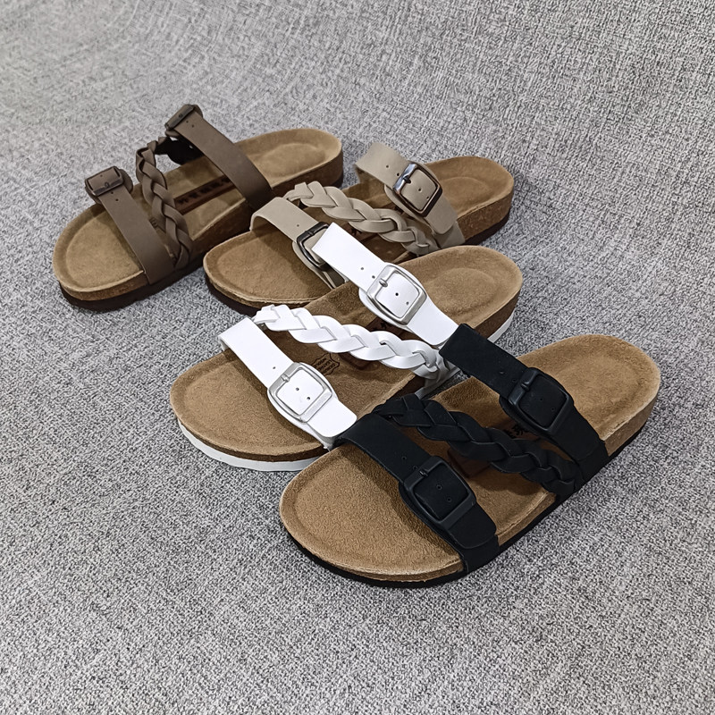 外贸夏季女士麻花纯色真皮鞋垫软木拖鞋休闲大码女鞋 F3948