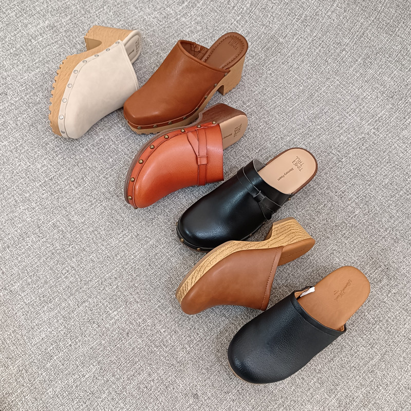 外贸欧美舒适包头厚底高跟拖鞋