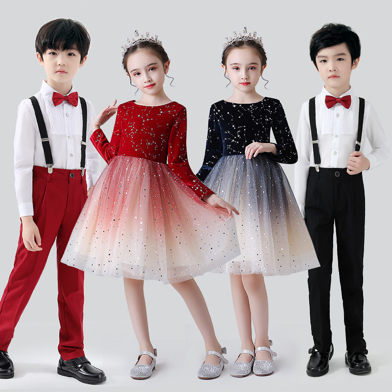 元旦儿童演出服小学生合唱女童主持人礼服红色舞蹈裙朗诵表演服装