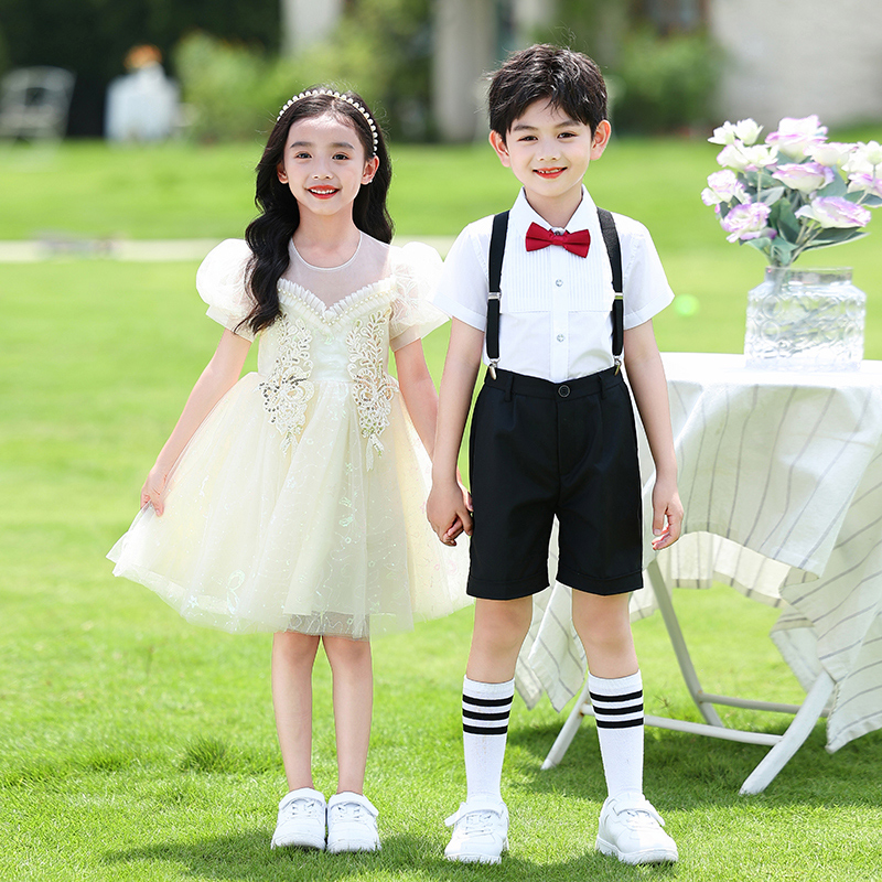 国庆儿童演出服女童蓬蓬裙小学生大合唱男童背带裤幼儿园表演服装