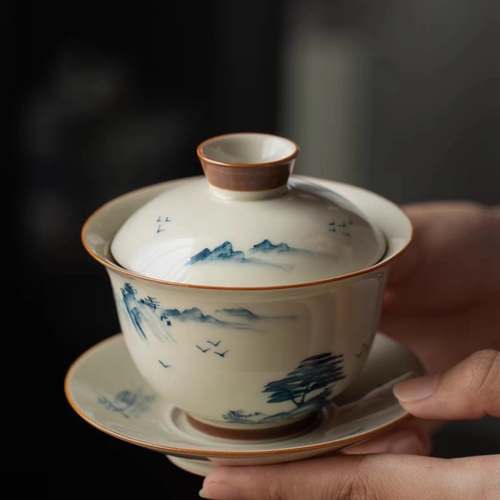 复古三才盖碗手绘山水盖碗功夫茶具喝茶碗陶瓷泡茶碗仿古草木灰