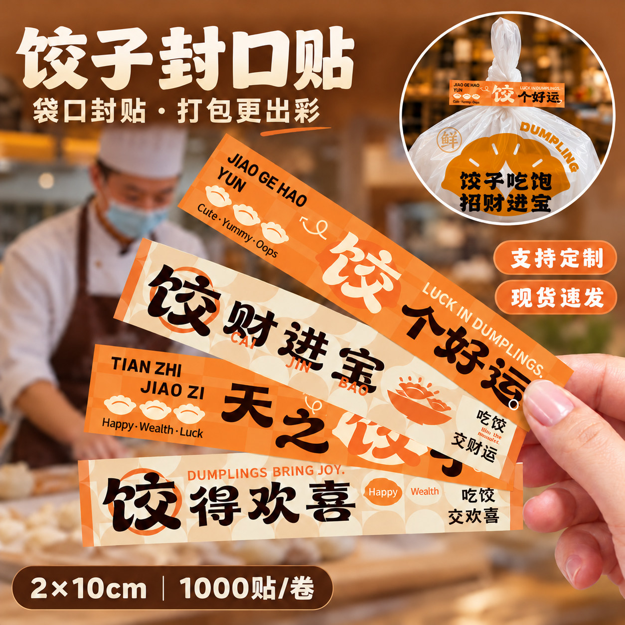 饺子专用外卖封口贴打包一次性食品安全封签哑膜不干胶防拆可定制