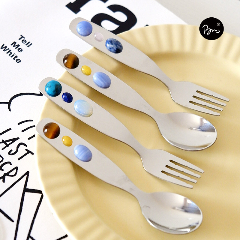 ins博主同款天然石头餐具 不锈钢糖豆咖啡勺甜品勺冰淇淋勺水果叉