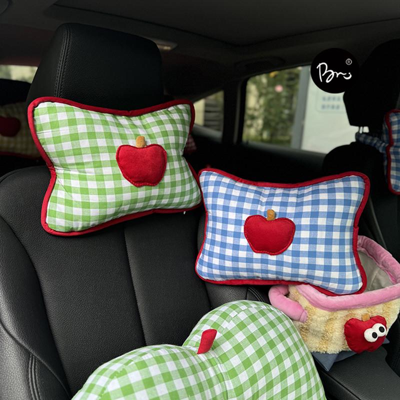 奶油风格子苹果汽车头枕可爱创意护颈枕座椅垫子腰靠车内车载枕头