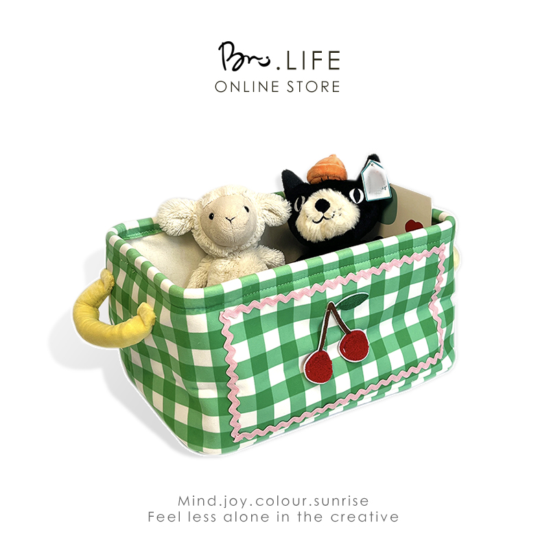 ins奶油格樱桃收纳筐 毛绒布艺衣物杂物储物篮趣味玩具零食整理箱