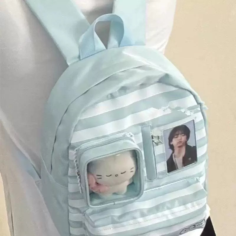 春季新款高颜值薄荷蓝娃包白条纹大容量痛包初高中大学生双肩包