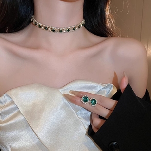 黑色闪钻锆石项链耳环套装女颈链晚会礼服配饰高级锁骨链