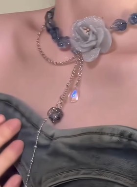 甜酷辣妹网纱蓝色花朵爆闪串珠链流苏独特设计项链小众设计锁骨链
