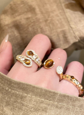 美拉德虎眼石戒指女2025新款开口戒指小众百搭设计食指戒精致手饰