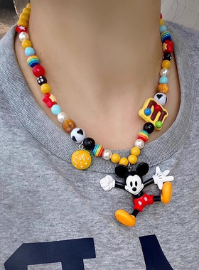 小众新款可爱米奇项链卡通米老鼠多巴胺串珠彩色锁骨配饰