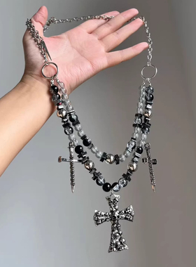 哥特风骷髅十字架吊坠项链暗黑系辣妹锁骨链双层叠戴朋克潮酷颈链