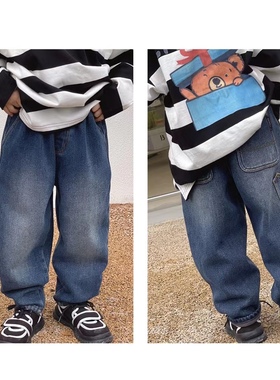 小智同学一体绒牛仔裤秋冬中大童磨白渐变肥版口袋小脚88120