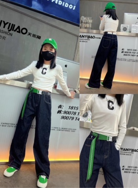 天依角牛仔裤2022秋冬青少年女中大童亲子韩净版微嗽阔版90078