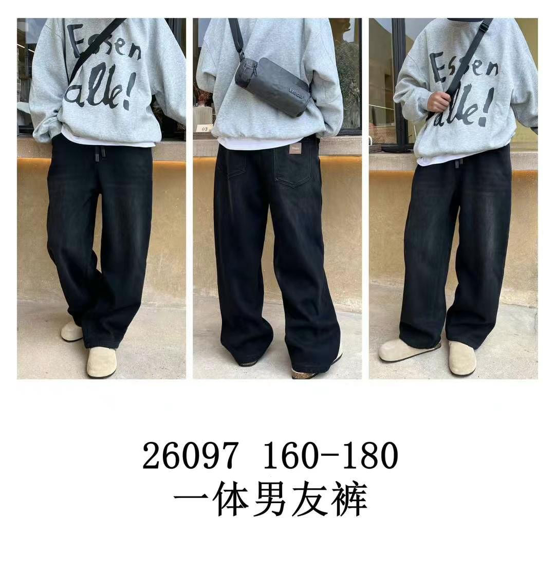 天依角一体加绒直筒牛仔男友裤磨白24冬青少年大童亲子大码26097