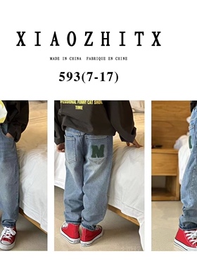 小智同学牛仔裤春秋男女中大童韩版M字母小脚猫抓破洞593