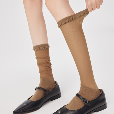 超薄网眼花边小腿及膝袜