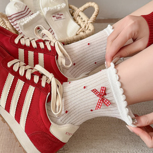 红白色系袜子女春夏季短筒纯棉女袜卡通刺绣中筒袜女可爱风花边袜