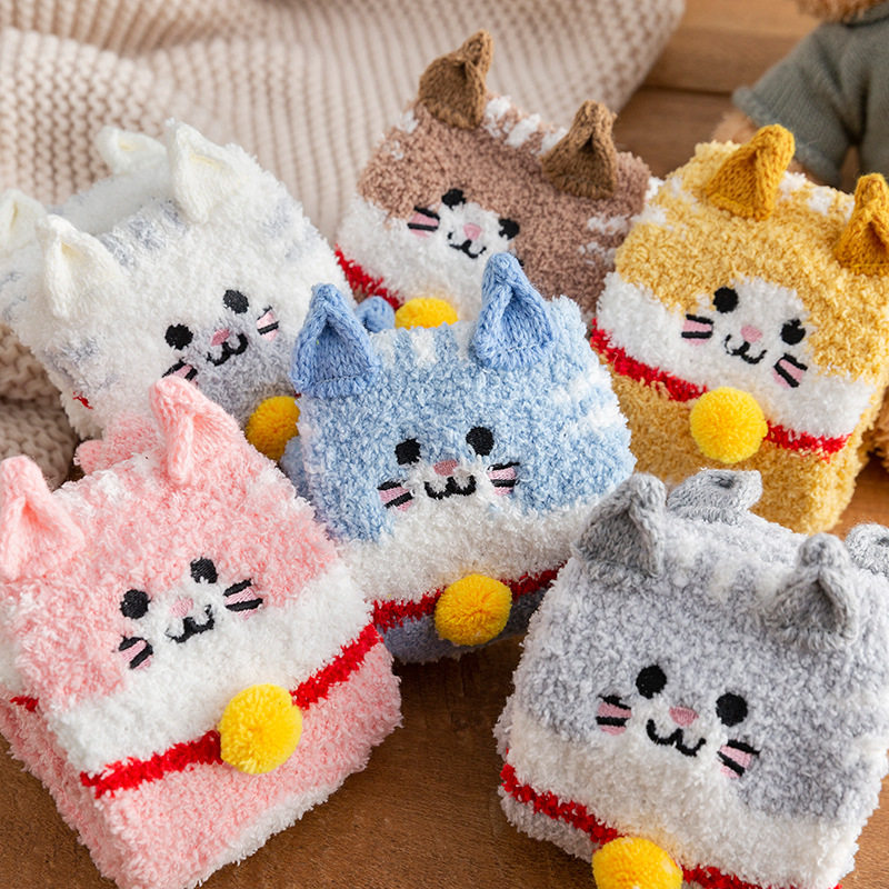 珊瑚绒袜子招财猫居家睡眠袜