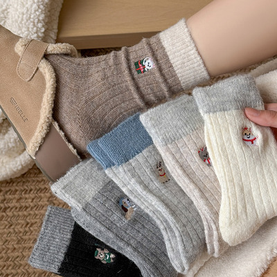 可爱卡通刺绣拼色羊毛长袜