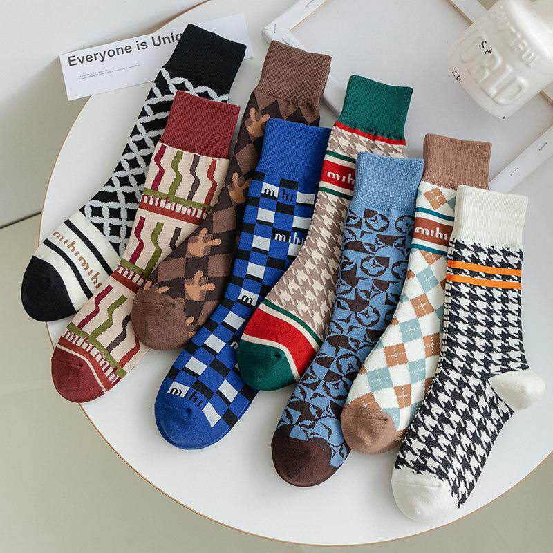 袜子女中筒时尚ins潮袜千鸟格日系网红字母外穿堆堆袜运动女袜长