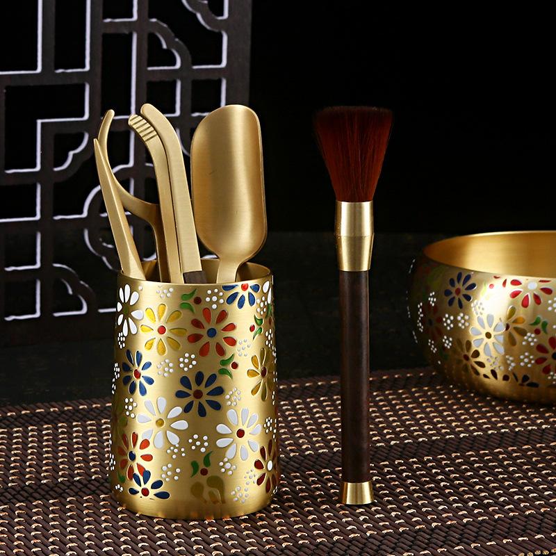 珐瑯彩礼品黄铜糖果盒收纳盒茶叶罐带盖子中式设计茶洗六君子茶洗