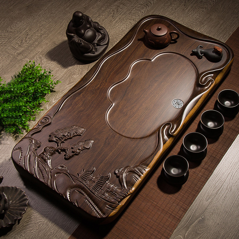 整块黑檀木茶盘家用简约天然实木茶台功夫茶具办公茶海排水茶托盘