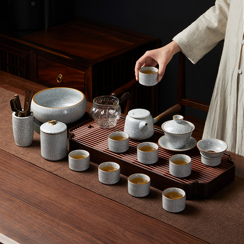 汝窑茶具茶壶盖碗套装家用轻奢高档功夫泡茶喝茶办公室会客送礼盒