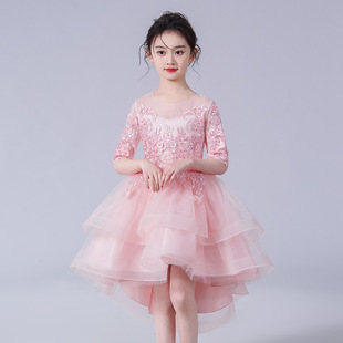 女童春秋网纱拖尾连衣裙蓬蓬裙晚礼服中袖主持人礼服钢琴演出服