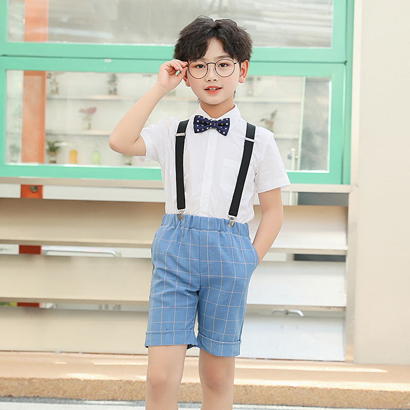 儿童男款短袖钢琴演出服装合唱礼服小男孩学院风表演套装背带裤
