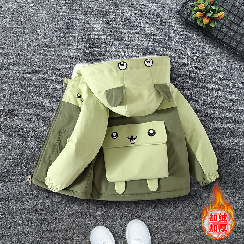 女童冬装新款男童时尚后背大口袋笑脸熊印花加绒宽松连帽棉服外套