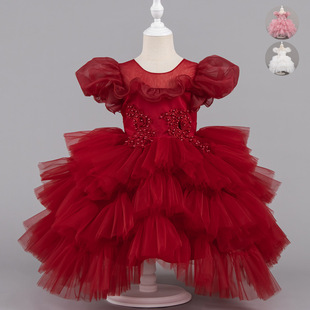 女童红色裙子儿童公主裙小主持人蓬蓬连衣裙演出周岁生日小礼服裙
