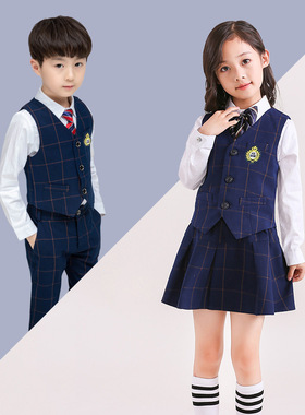 幼儿园园服春秋装儿童学院风格子马甲套装小学生校服班服定制LOGE