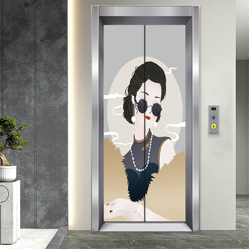 入户门电梯门贴中式美女简约装饰贴画纸防水整张加厚自粘翻新改色图片