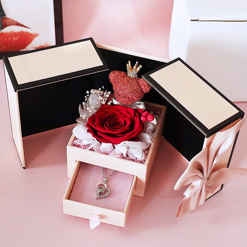 520情人节礼物送女友双开门小熊永生花玫瑰首饰实用创意项链礼盒