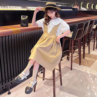 女童春夏背带裙假两件套2024新款韩版女孩洋气儿童时髦吊带连衣裙