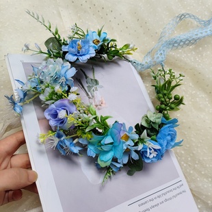 DIY蓝色系仿真布艺玫瑰菊花环头饰姐妹户外表演出拍照道具发饰