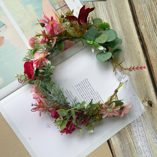 DIY森系仿真花环头饰红色六一儿童节学校舞蹈表新娘头箍旅游拍照