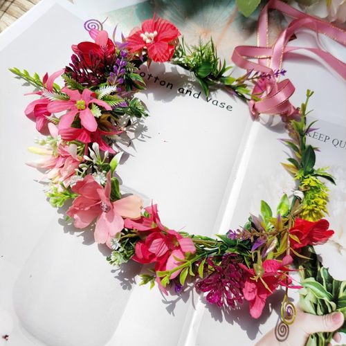 新款ins森系女头花深粉加红色花朵舞台表演出头花发饰头饰花环