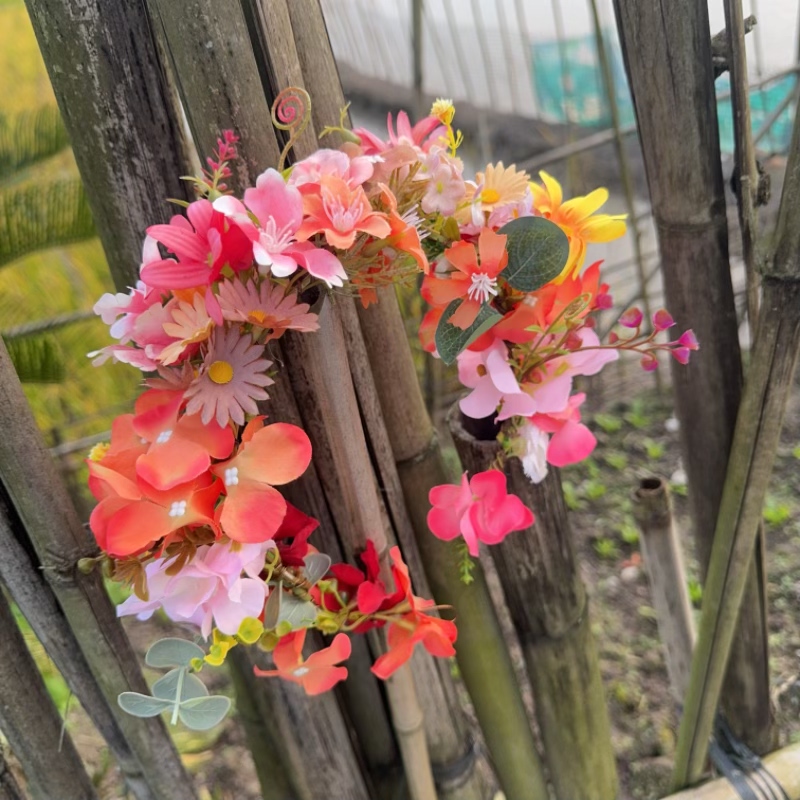 民族风花朵发饰女彩色仿真花环簪花头饰汉服拍摄道具发箍橘红橙色