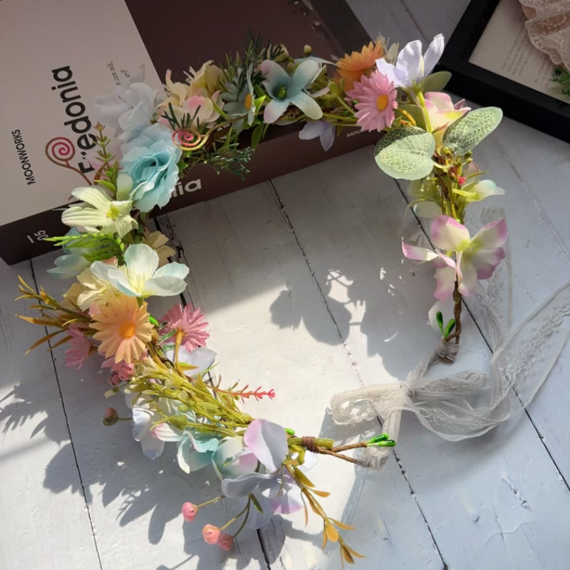 原创森林系花环花朵仙女头饰旅游发箍拍照粉蓝色头花新娘结婚发饰