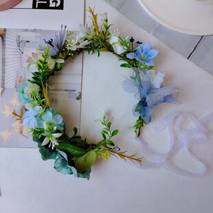 DIY田园森系风雏菊仿真植物绿叶蓝色花环头饰姐妹拍照道具发饰