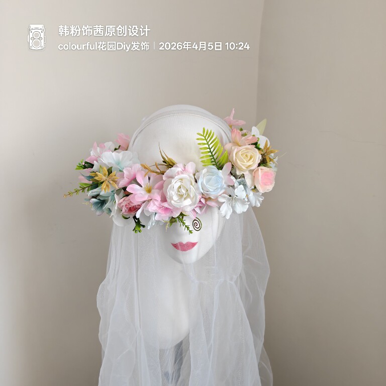 森系头饰花朵发饰仙女公主花环圈头饰飘带发箍女孩头花粉蓝色新款