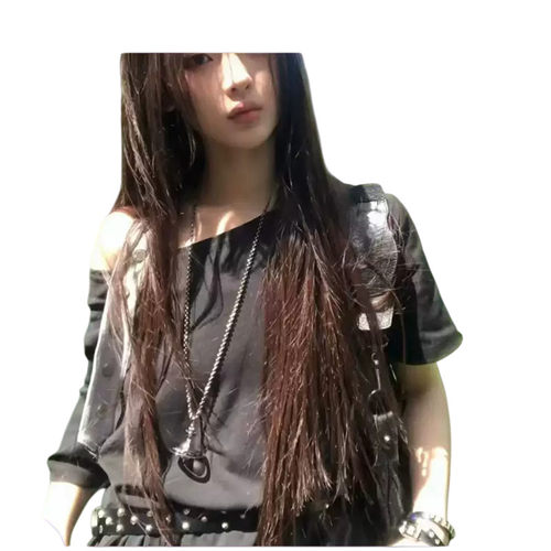 小众字母印花露肩挂脖短袖T恤女