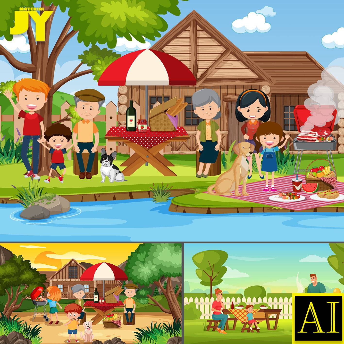 可爱卡通人物野餐帐篷小湖草地户外风景公园露营海报插画ai素材