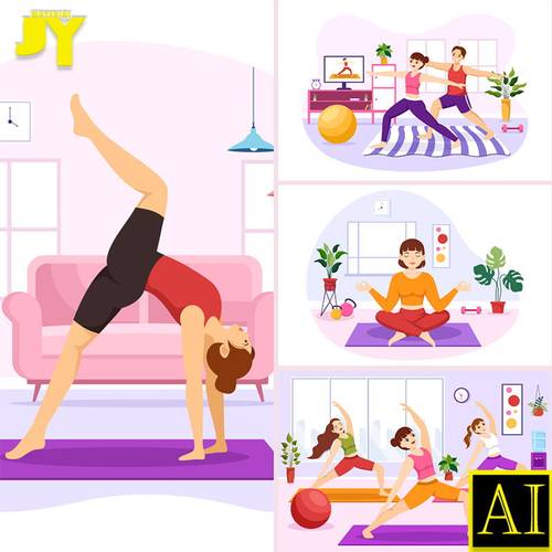 健身运动扁平化人物家庭普拉提瑜伽挂画插图插画矢量设计AI素材