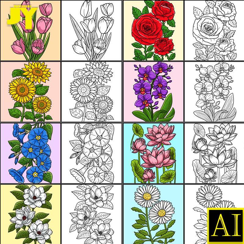 少儿美术绘画线描临摹电子稿鲜花花卉手绘植物插画ai矢量设计素材