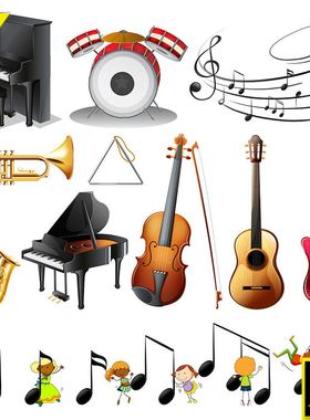 手绘涂鸦儿童卡通人物音乐旋律符号各种西方乐器管乐插画矢量素材
